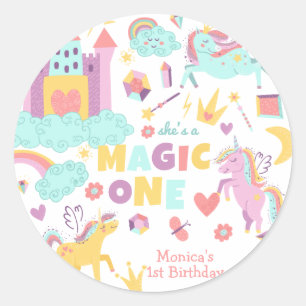 Pastel rainbow unicorn magic one birthday classic round sticker