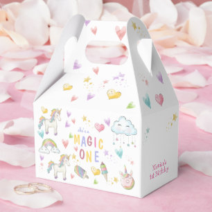 Pastel rainbow unicorn magic one birthday favor box