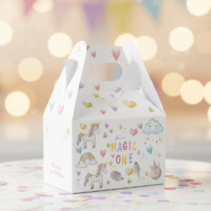 Pastel rainbow unicorn magic one birthday favor box