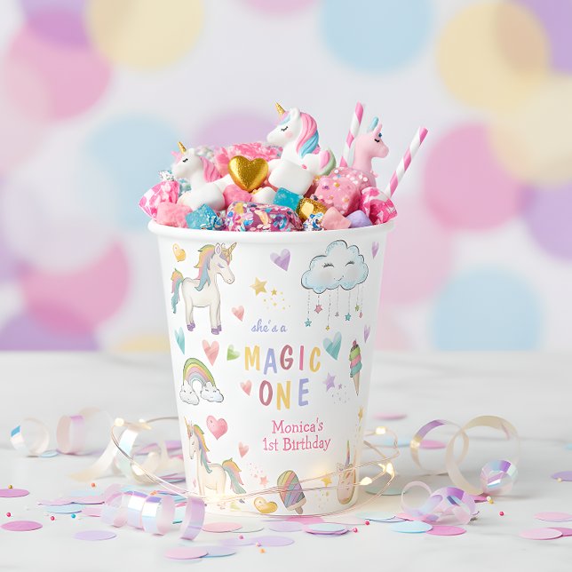 Pastel rainbow unicorn magic one birthday paper cups (Creator Uploaded)