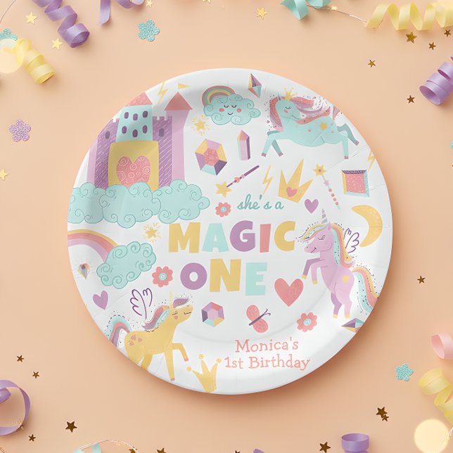 Pastel rainbow unicorn magic one birthday paper plate (Creator Uploaded)