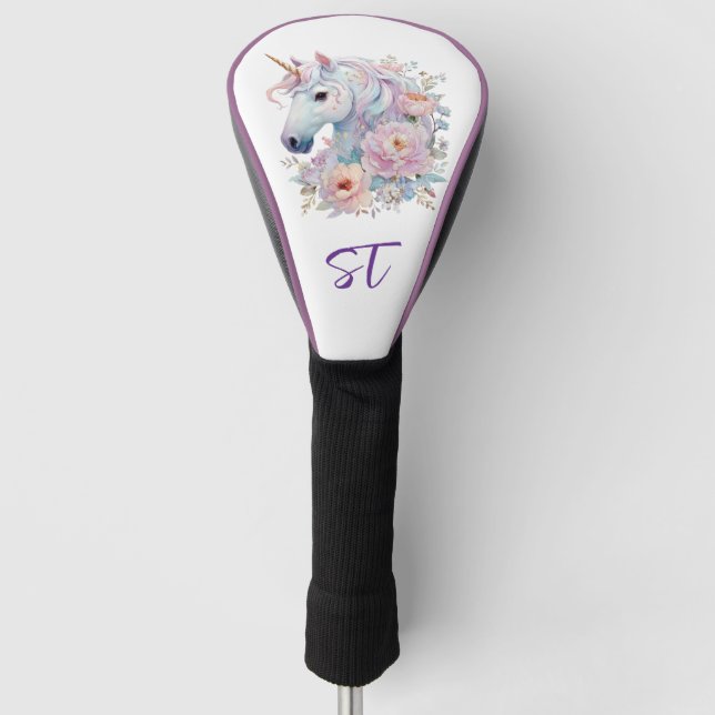 Pastel Rainbow Unicorn Monogram Initial Gift Golf Head Cover (Front)