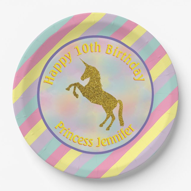 Pastel Rainbow Unicorn Personalized Birthday Paper Plate (Front)