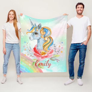 Pastel Rainbow Unicorn Personalized Fleece Blanket