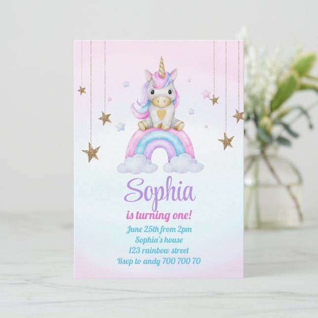 Pastel Rainbow Unicorn Sparkles 1st Birthday Invitation (Standing Front)