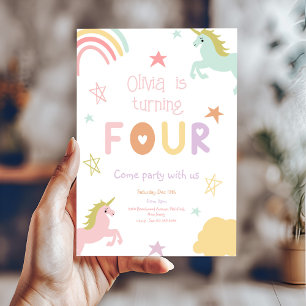 Pastel Rainbow Unicorn Stars Fourth Birthday  Invitation
