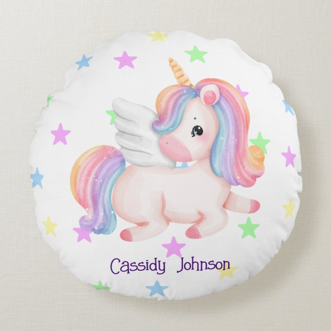 Pastel rainbow unicorn stars round pillow (Front)