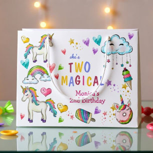 Pastel rainbow unicorn two magical birthday large gift bag