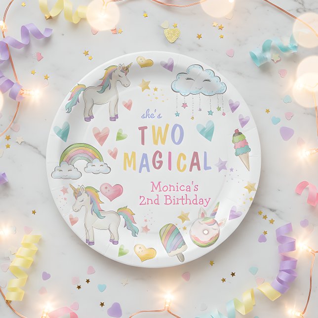 Pastel rainbow unicorn two magical birthday paper plate (Creator Uploaded)