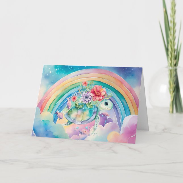 Pastel Rainbow Watercolor Floral Sea Turtle Card (Front)