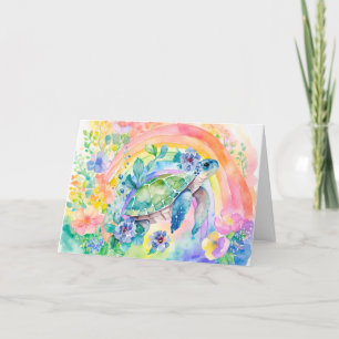 Pastel Rainbow Watercolor Floral Sea Turtle Card