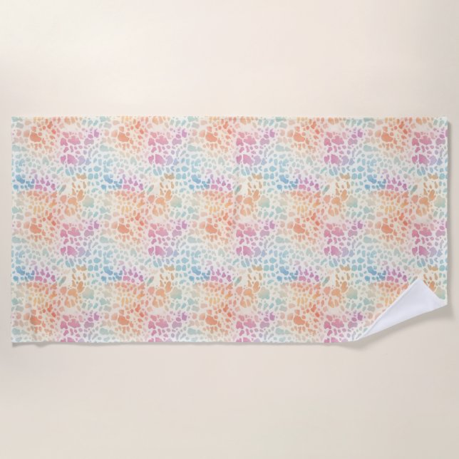 Pastel Rainbow Watercolor Leopard Print Beach Towel (Front)