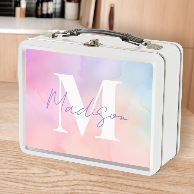 Pastel Rainbow Watercolor Monogram Metal Lunch Box (Creator Uploaded)