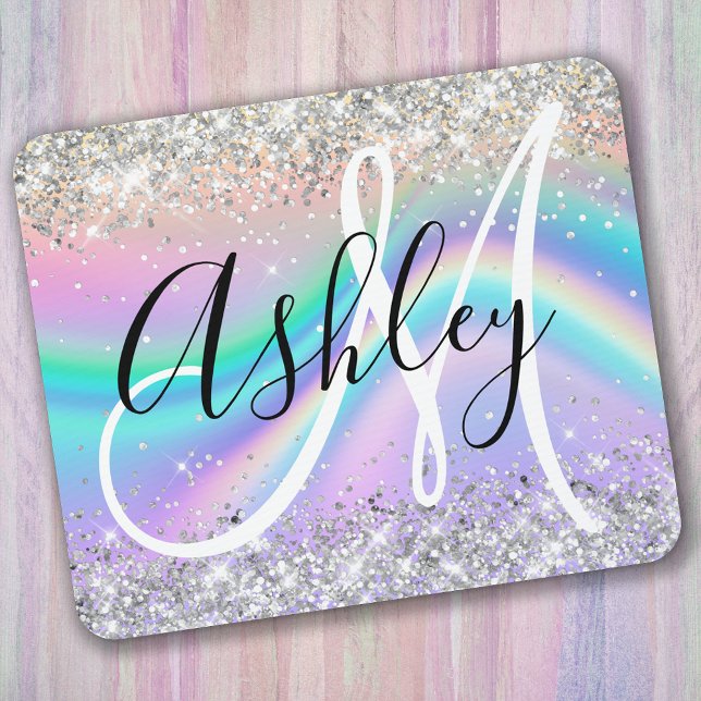 Pastel Rainbow Wave Ombre Silver Glitter Monogram Mouse Pad (Creator Uploaded)