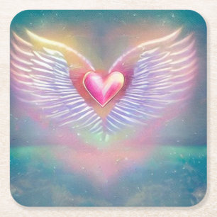 Pastel Rainbow Winged Heart Square Paper Coaster