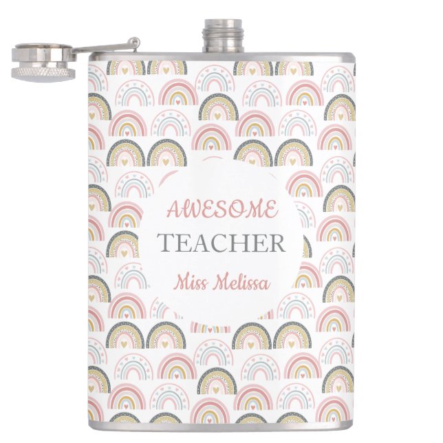 Pastel Rainbow With Heart Pattern Awesome Teacher  Hip Flask (Opened)