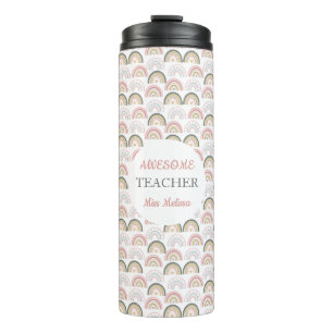Pastel Rainbow With Heart Pattern Awesome Teacher Thermal Tumbler