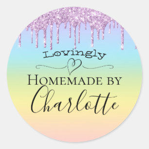 Pastel Rainbow with Pink Glitter Drips Homemade By Classic Round Sticker