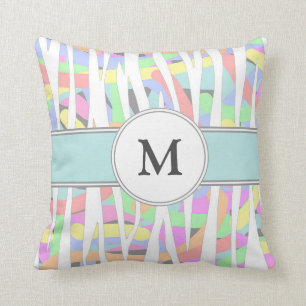 Pastel Rainbow Zebra Print Custom Monogram Throw Pillow