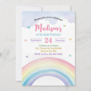 Pastel Rainbows and Hearts Birthday Invitation