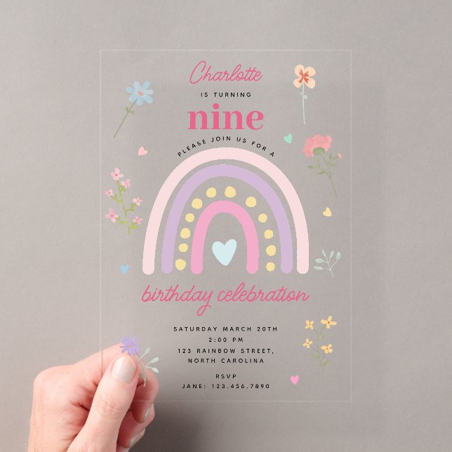 Pastel Rainbows Girl Wildflowers Hearts Birthday Acrylic Invitations (Insitu (Handheld))