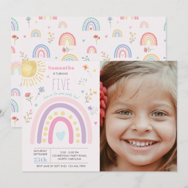 Pastel Rainbows Girly Wildflowers Birthday Photo Invitation (Front/Back)