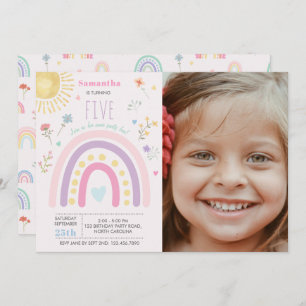 Pastel Rainbows Girly Wildflowers Birthday Photo Invitation