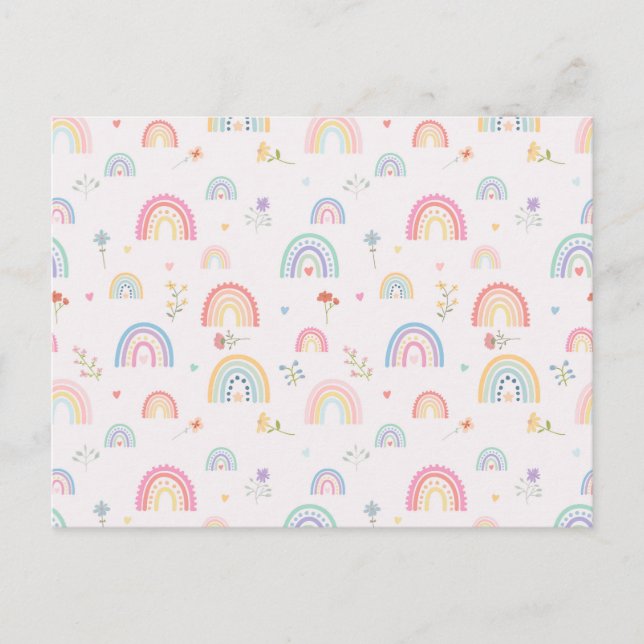 Pastel Rainbows Girly Wildflowers & Hearts Holiday Postcard (Front)