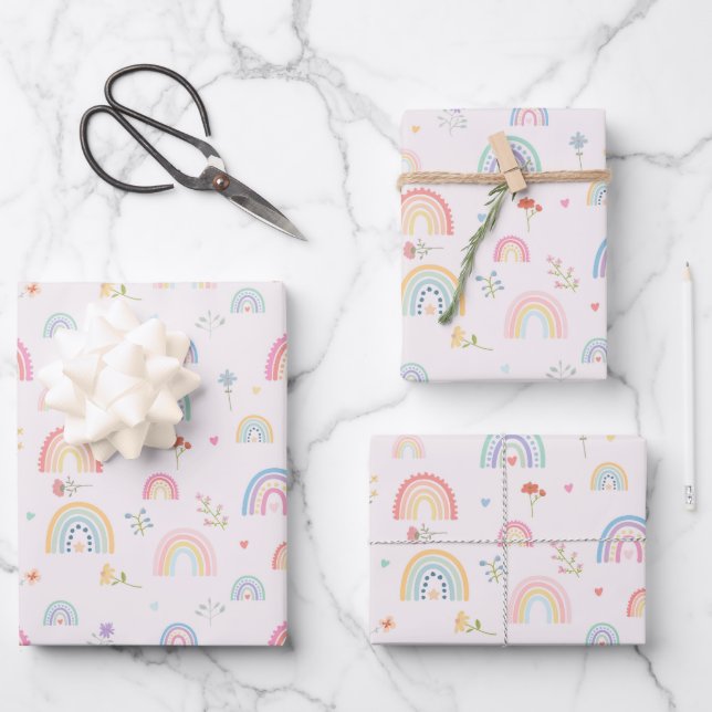 Pastel Rainbows Girly Wildflowers & Hearts Wrapping Paper Sheet (Front)