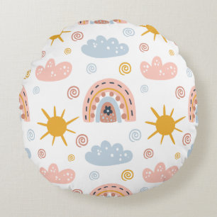 Pastel Rainbows & Sunburst Swirls Pattern Round Pillow