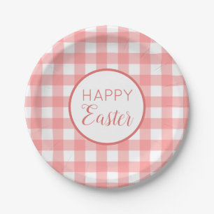 Pastel Raspberry Red Happy Easter Plaid Pattern Paper Plate