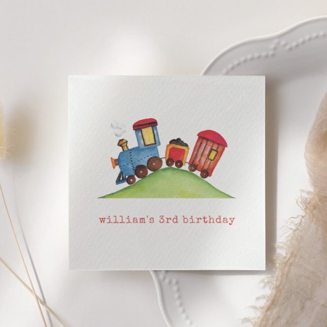 Pastel Red Blue Watercolor Train Birthday Party Napkin (Creator Uploaded)