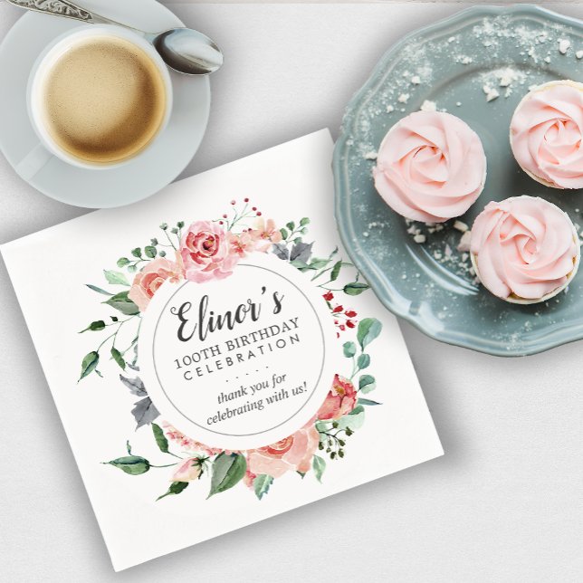 Pastel Red Rose Floral 100th Birthday Thank You Napkin (Creator Uploaded)