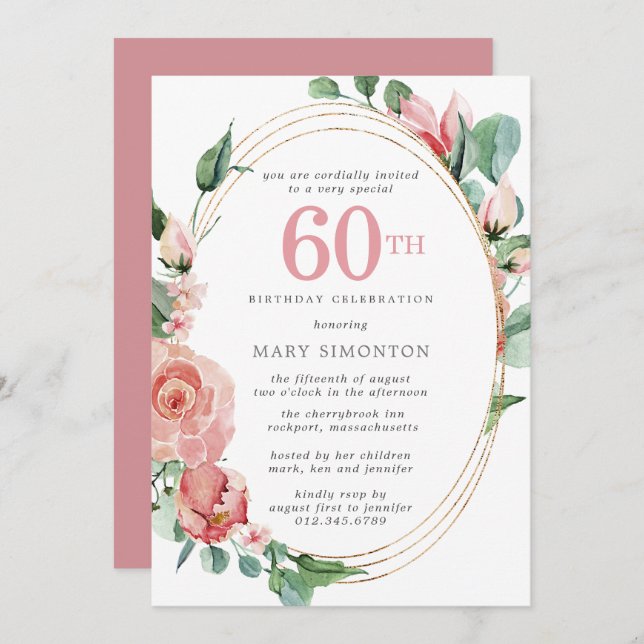 Pastel Red Rose Floral 60th Birthday Party Invitation (Front/Back)