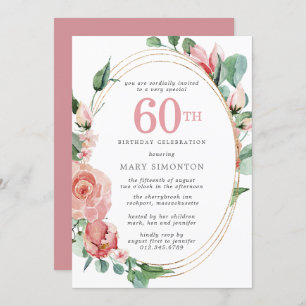 Pastel Red Rose Floral 60th Birthday Party Invitation