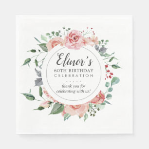 Pastel Red Rose Floral 60th Birthday Thank You Napkin