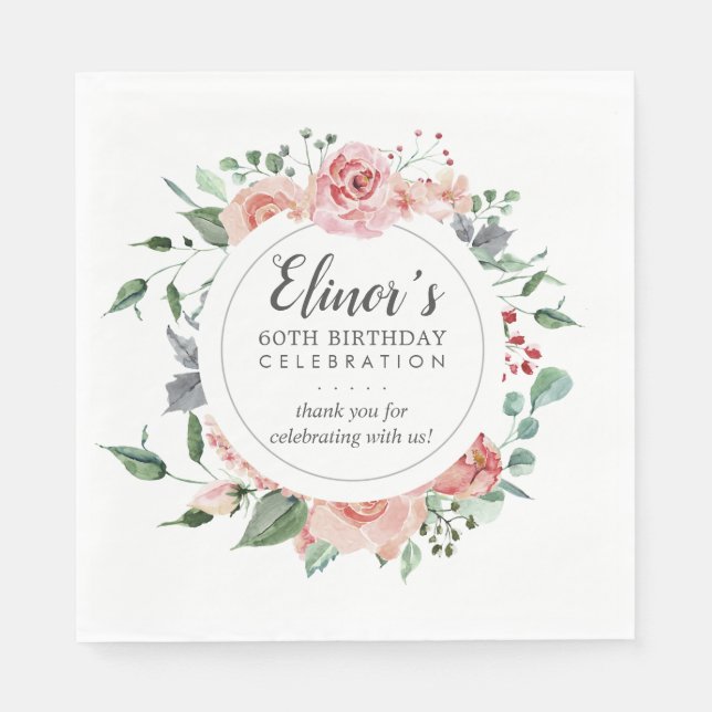 Pastel Red Rose Floral 60th Birthday Thank You Napkin (Front)
