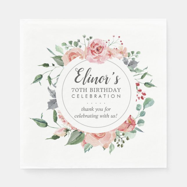 Pastel Red Rose Floral 70th Birthday Thank You Napkin (Front)