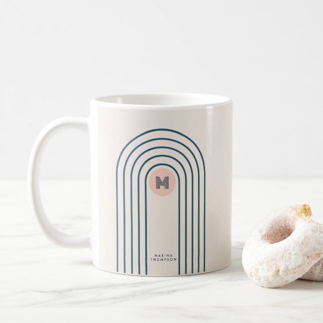 Pastel Retro Abstract Geometric Lines Arches  Coffee Mug (With Donut)