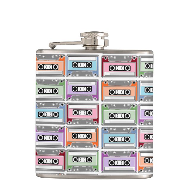 Pastel Retro Cassette Tapes Pattern Hip Flask (Front)