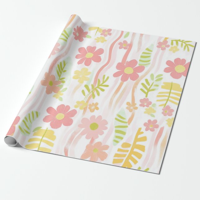 Pastel Retro Floral (3) Wrapping Paper (Unrolled)