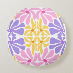 Pastel Retro Floral - Vibrant Kaleidoscope Pattern Round Pillow