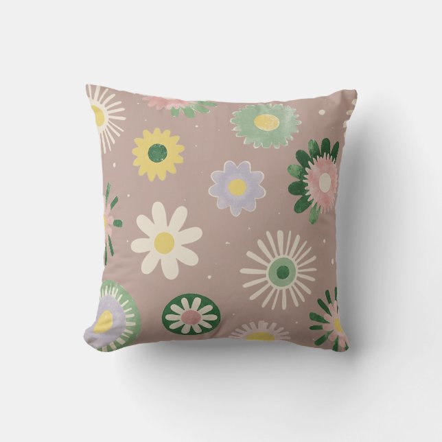 Pastel Retro Flower Beige Pillow (Front)