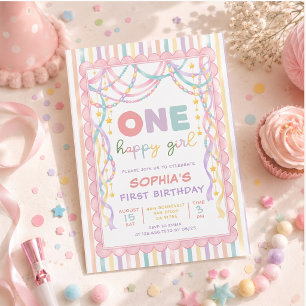 Pastel Retro Paper Chains Girl 1st Birthday Invitation