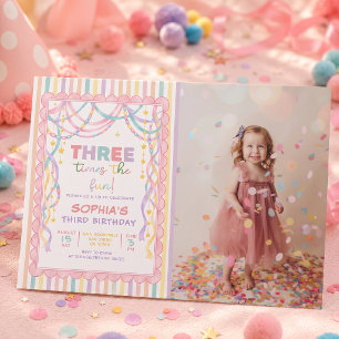 Pastel Retro Paper Chains Girl 3rd Birthday Photo Invitation