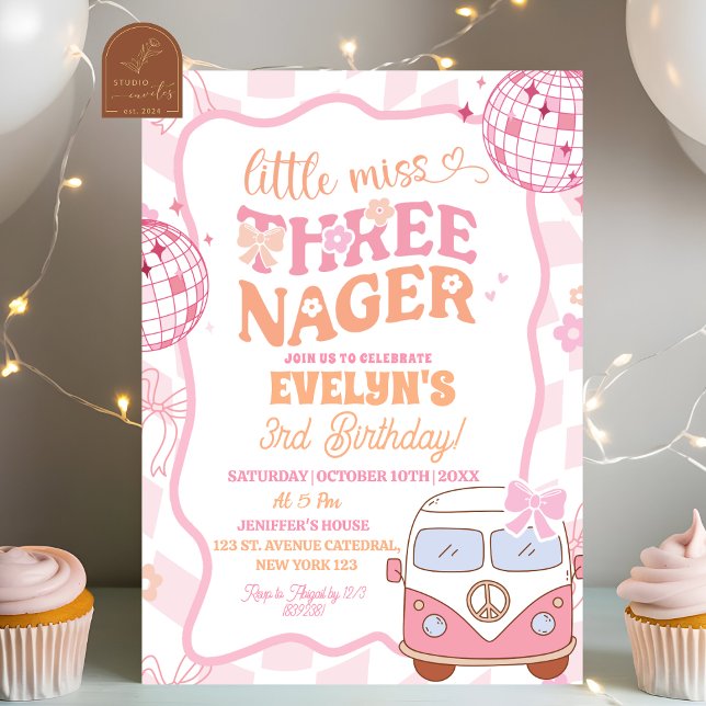Pastel Retro Van Groovy Little Miss Threenager Invitation (Creator Uploaded)