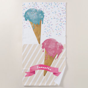 Pastel Retro Watercolor Ice Cream & Sprinkles  Beach Towel