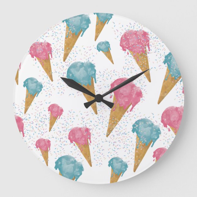 Pastel Retro Watercolor Ice Cream & Sprinkles  Large Clock (Front)
