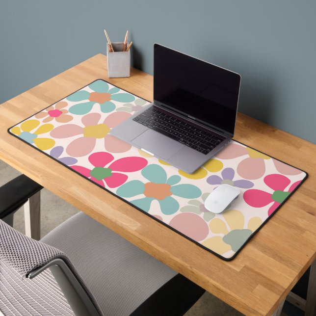 Pastel Retro Wavy Flowers Desk Mat (Office 2)