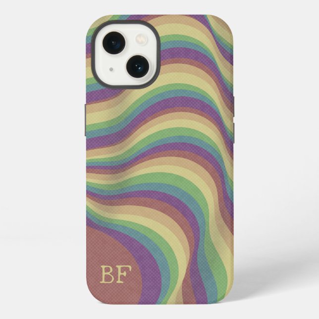 Pastel Retro Wavy Rainbow Lines Monogram Initials iPhone Case (Back)